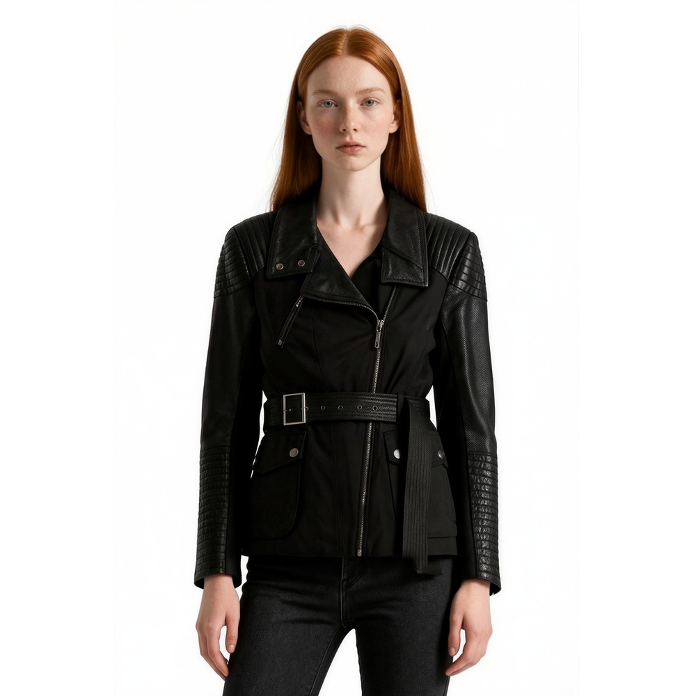 BCBGMAXAZRIA Moto Jacket Women's Size Medium Black Leather Quilted Belted Garde